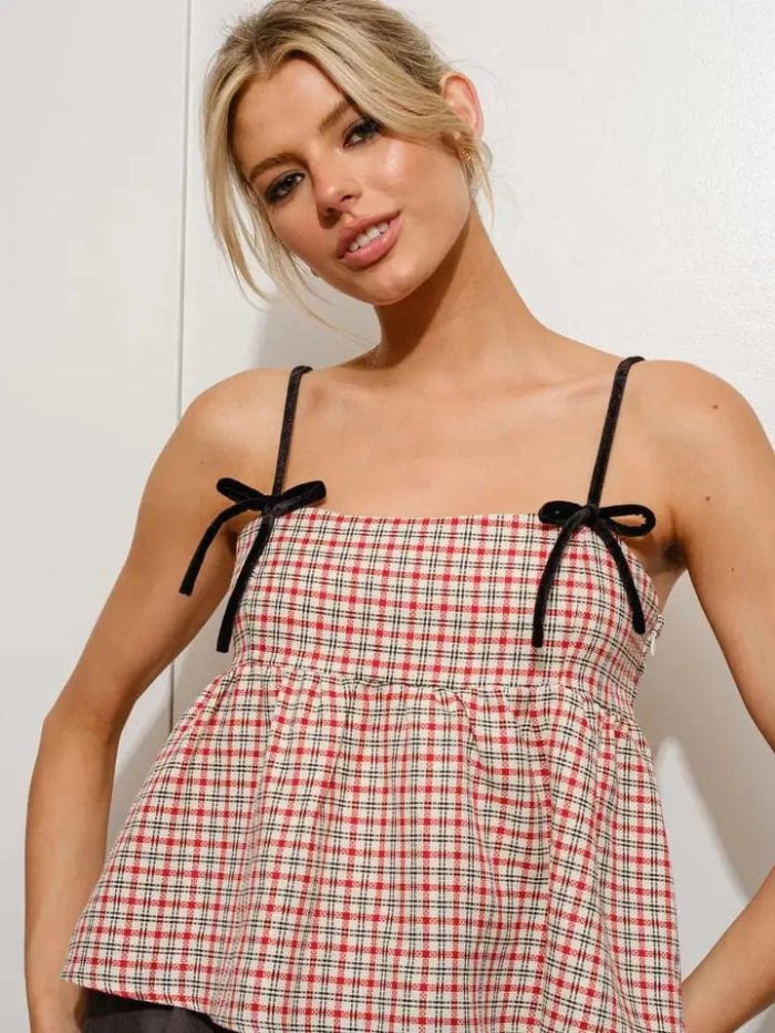 Red Plaid Tweed Babydoll Top