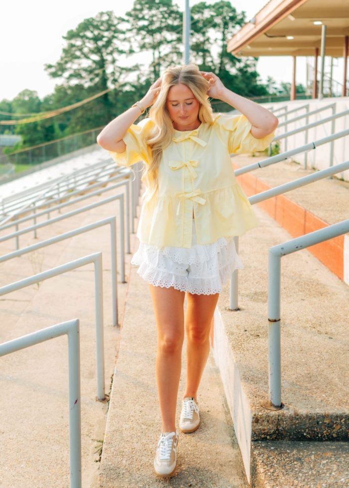 Yellow Bow Front Peplum Blouse - 图片 6