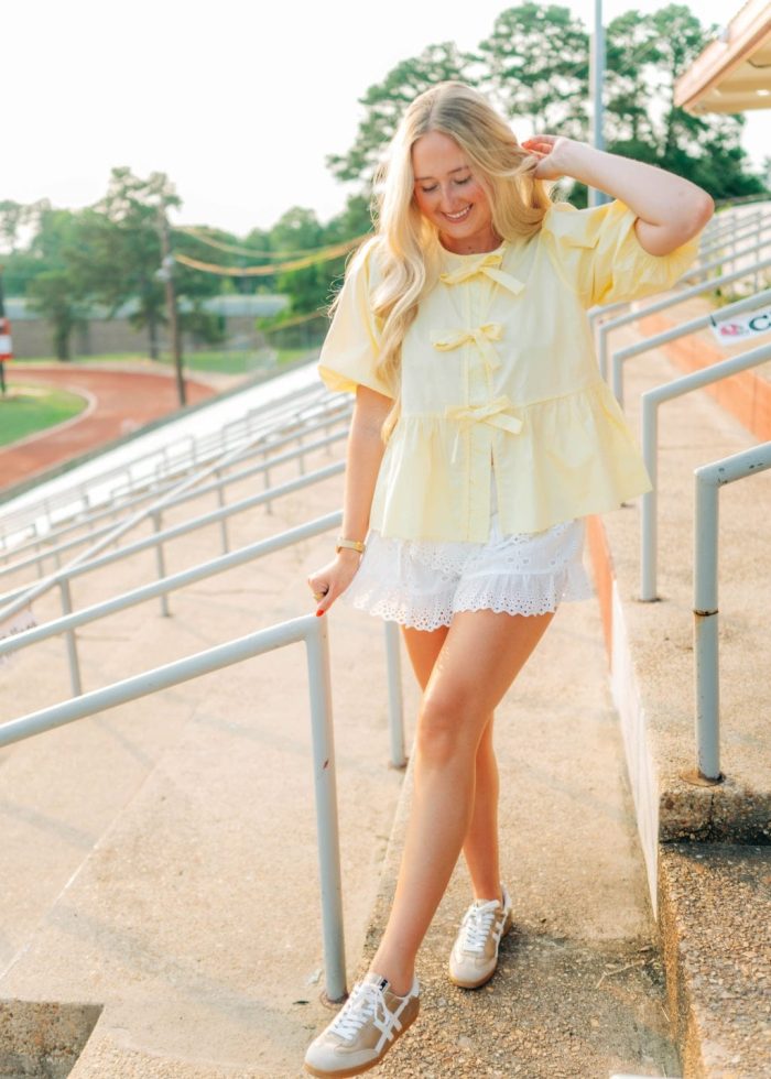 Yellow Bow Front Peplum Blouse - 图片 3