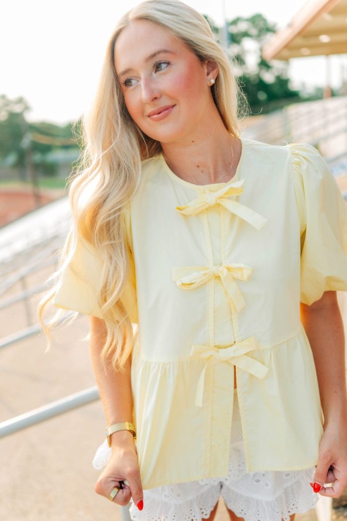 Yellow Bow Front Peplum Blouse - 图片 4