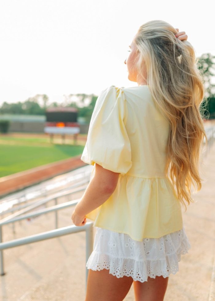 Yellow Bow Front Peplum Blouse - 图片 2
