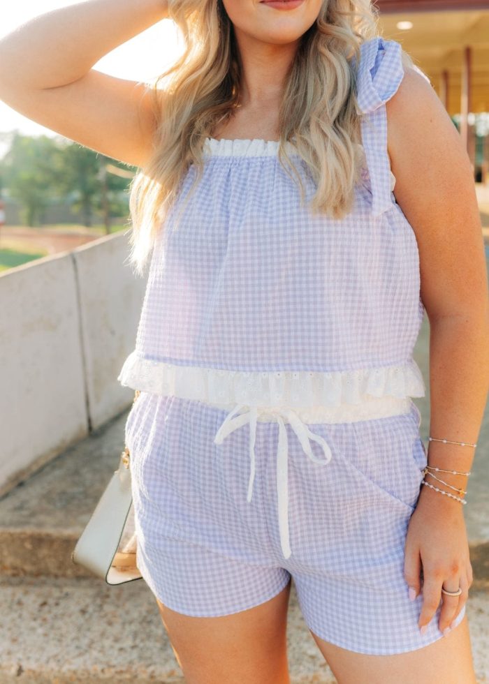 Purple Gingham Ruffle Trim Short Set - 图片 4