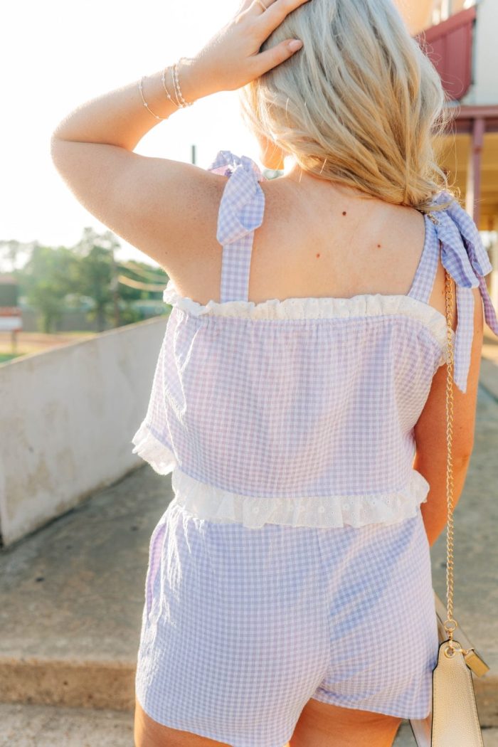 Purple Gingham Ruffle Trim Short Set - 图片 2