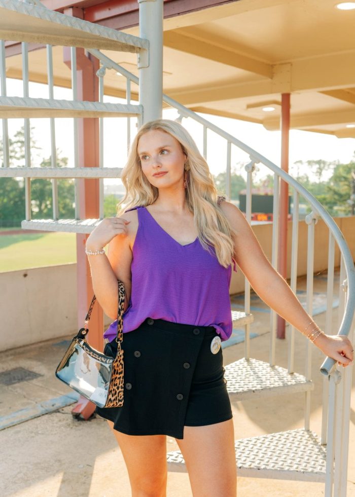 Purple V-Neck Shoulder Tie Top - 图片 5