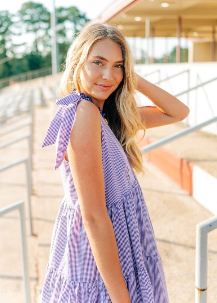 Purple Gingham Shoulder Tie Dress - 图片 5
