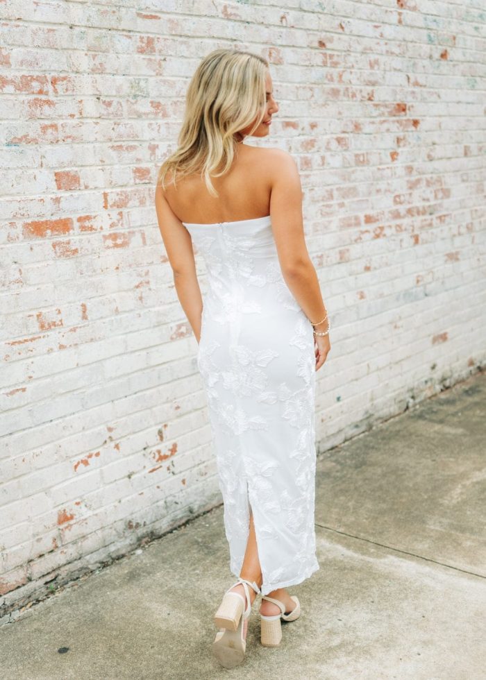 White Floral Detail Strapless Midi Dress - Image 2