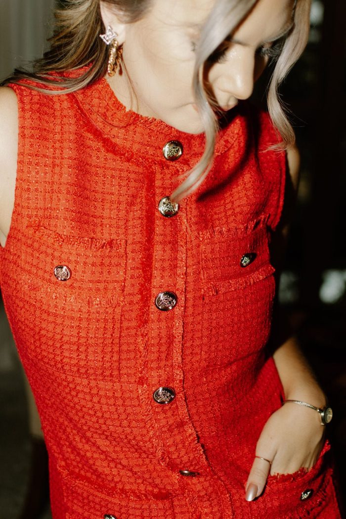 Red Sleeveless Tweed Mini Dress - Image 5