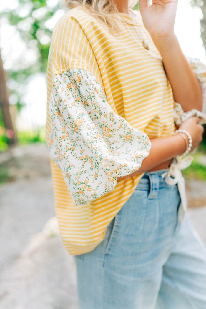 Yellow Floral Short Puff Sleeve Top - 图片 5