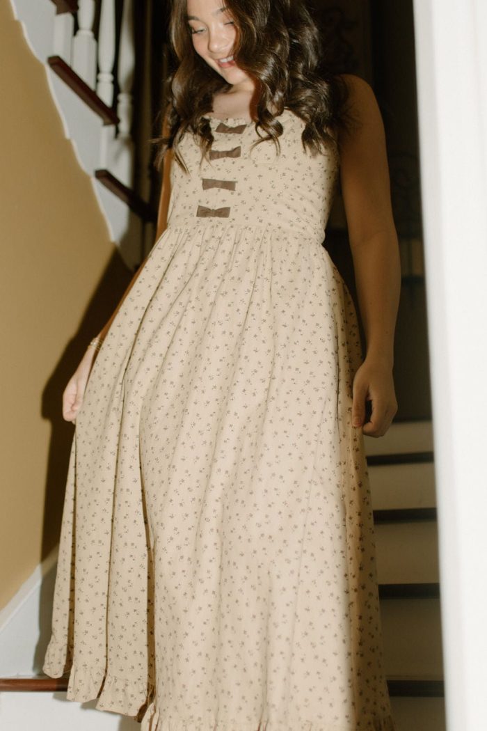 Taupe Bow Detail Floral Midi Dress - 图片 6