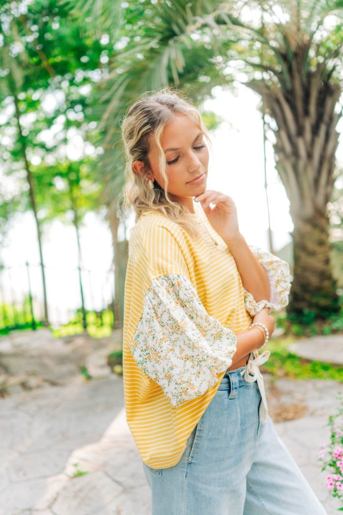 Yellow Floral Short Puff Sleeve Top