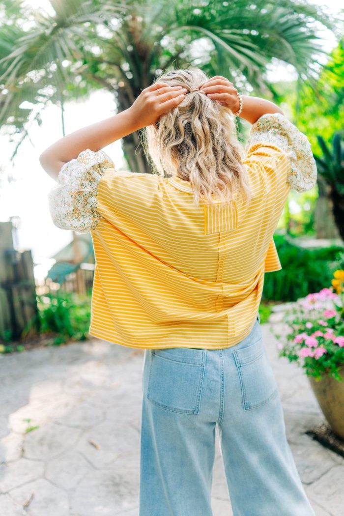 Yellow Floral Short Puff Sleeve Top - 图片 2