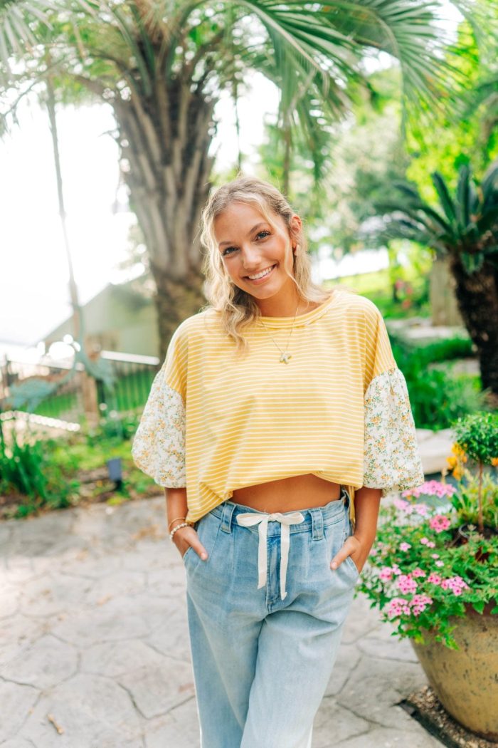 Yellow Floral Short Puff Sleeve Top - 图片 3