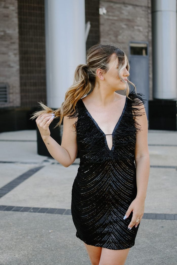 Black Sequin Feather Cocktail Dress - Image 5