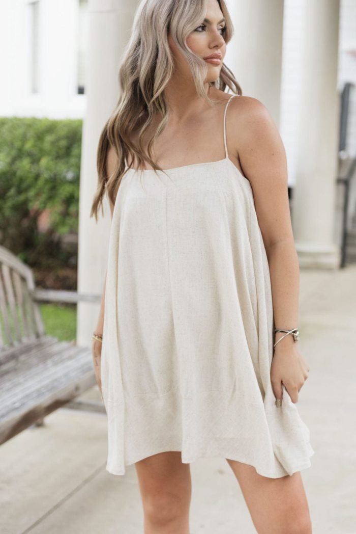 Oatmeal Linen Flowy Cami Mini Dress - 图片 4