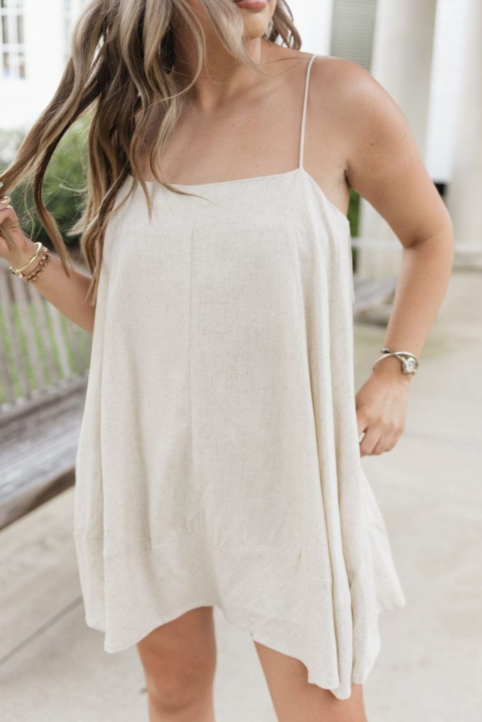Oatmeal Linen Flowy Cami Mini Dress - 图片 5