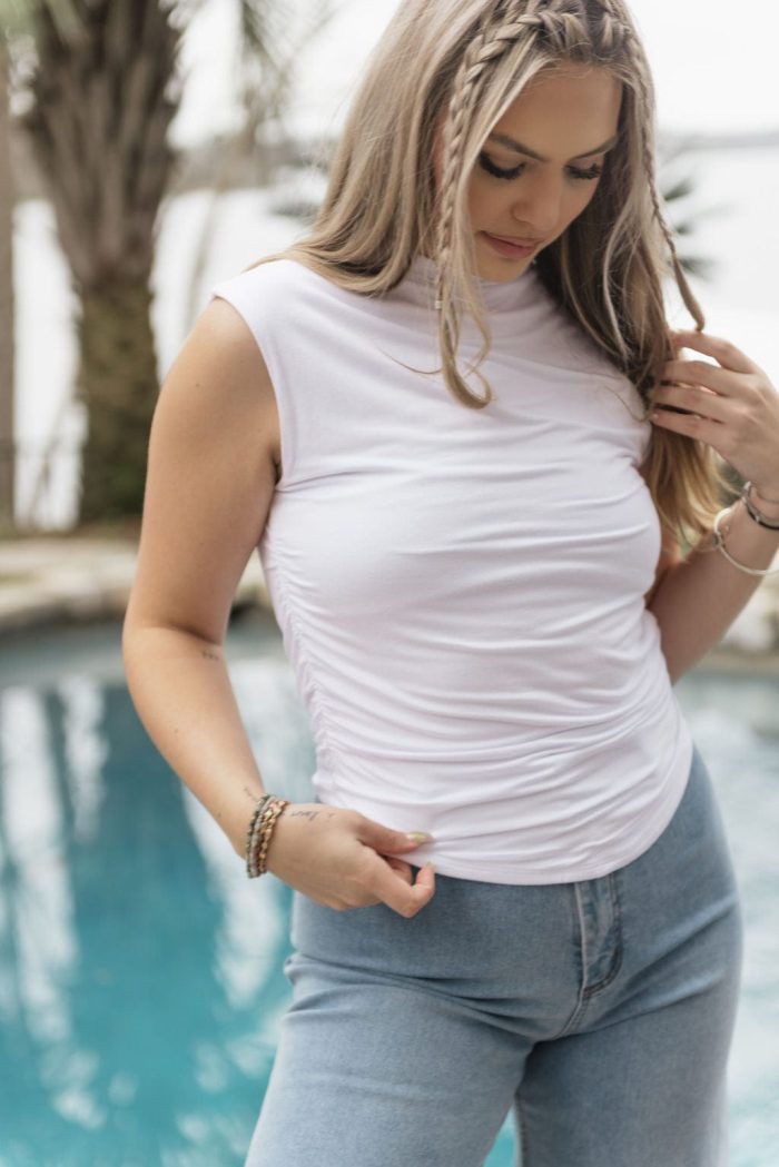 White Fitted Ruch Detail Sleeveless Top - Image 4