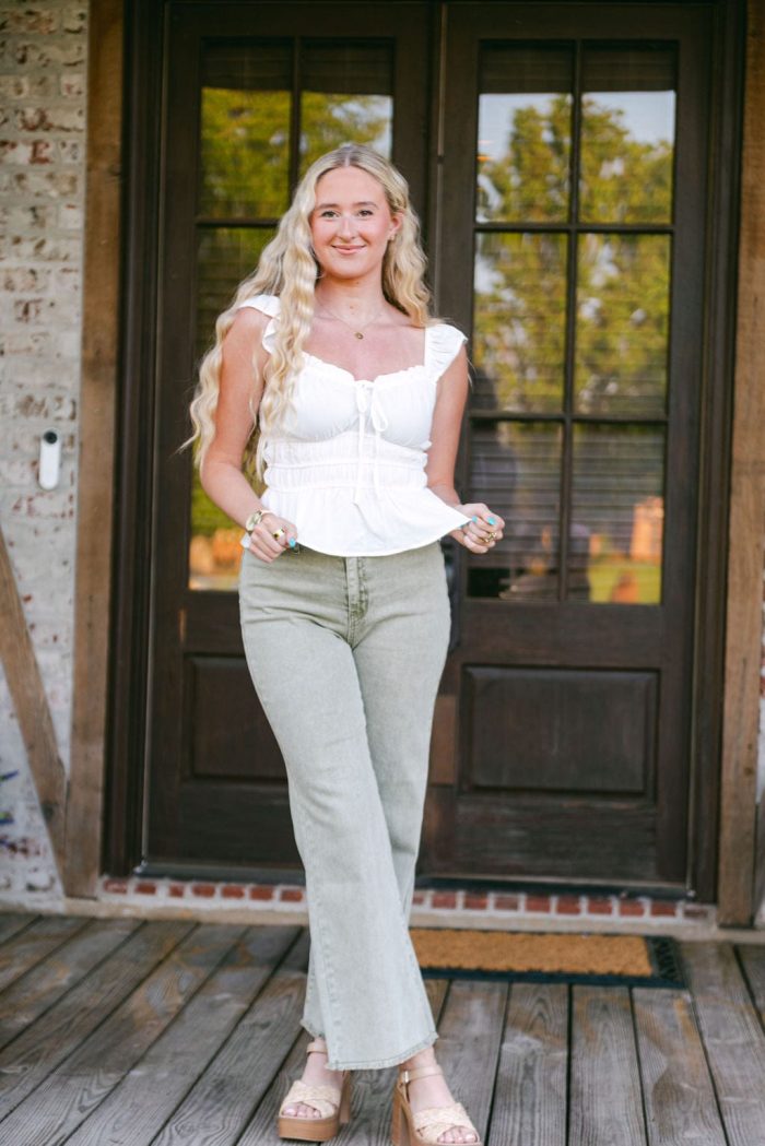 White Ruffle Trim Tie Front Top - 图片 3