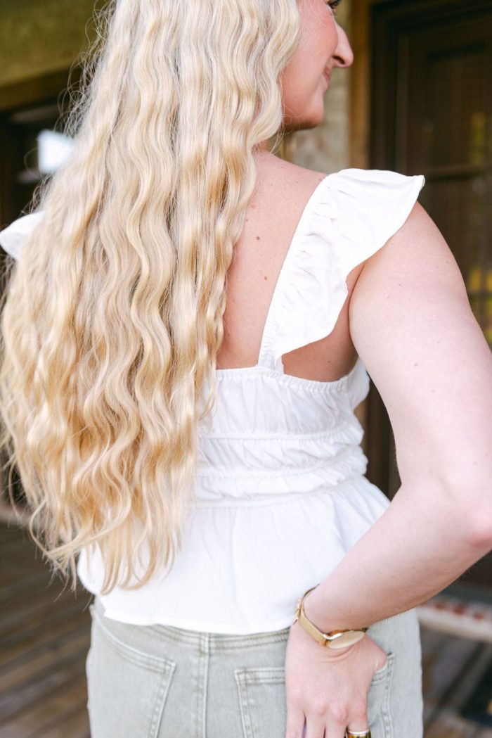 White Ruffle Trim Tie Front Top - 图片 2